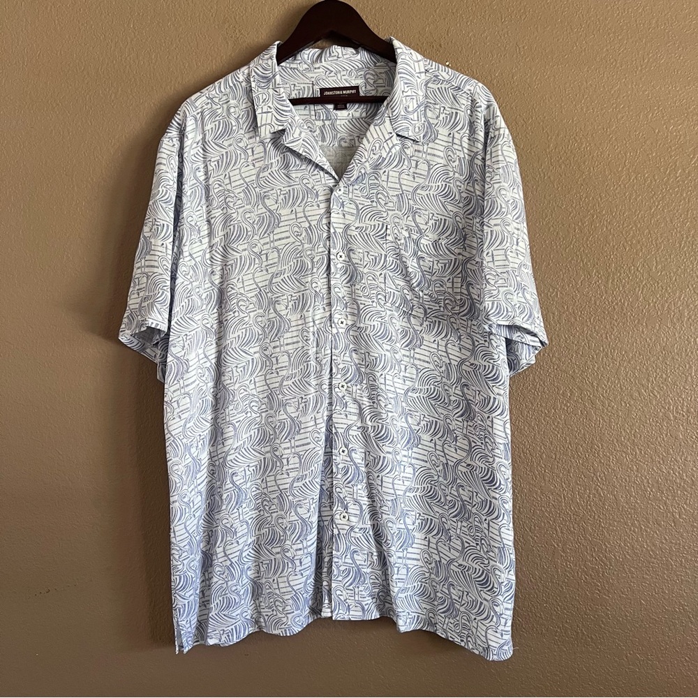 Johnston & Murphy Short-Sleeve Camp White Etched Flamingos Shirt Size XL